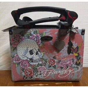 Ed Hardy Rhinestone Denim Skull Tote Shoulder Bag Purse Handbag Vegan New NWT